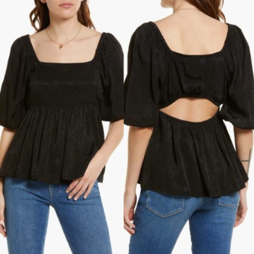 NWT Treasure & Bond Square Neck Puff Sleeve High-Low Blouse Black Womens Medium